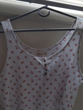 Lucky Brand White Ribbed Henley Tank with Rust Floral Print